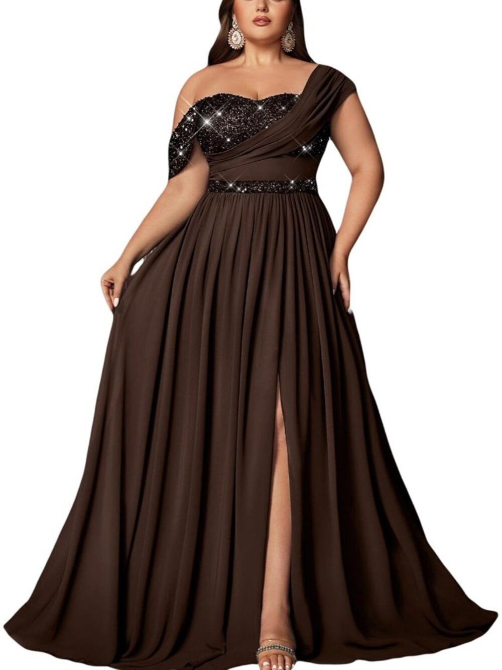 Women's Coffee Brown Plus Size Sequin Bridesmaid A LINE Cocktail Prom Maxi Dress